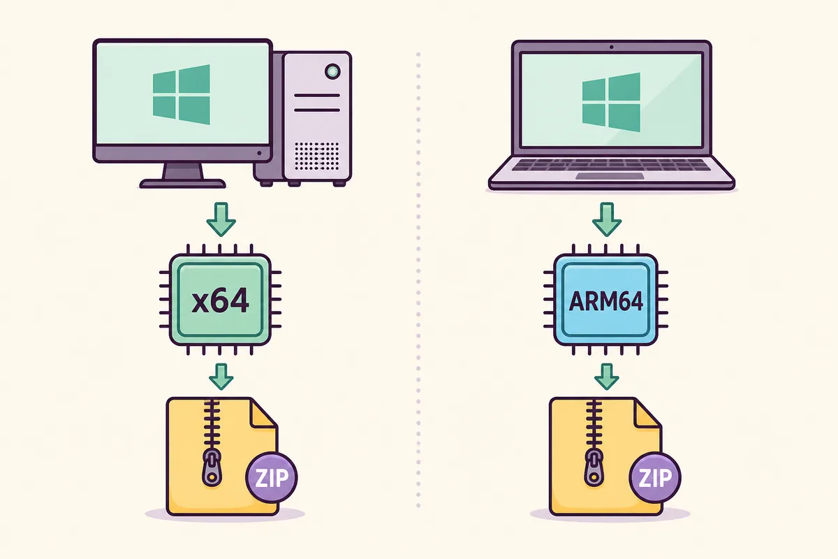 Editorial illustration comparing Windows x64 and ARM64 AssetRipper archive choices